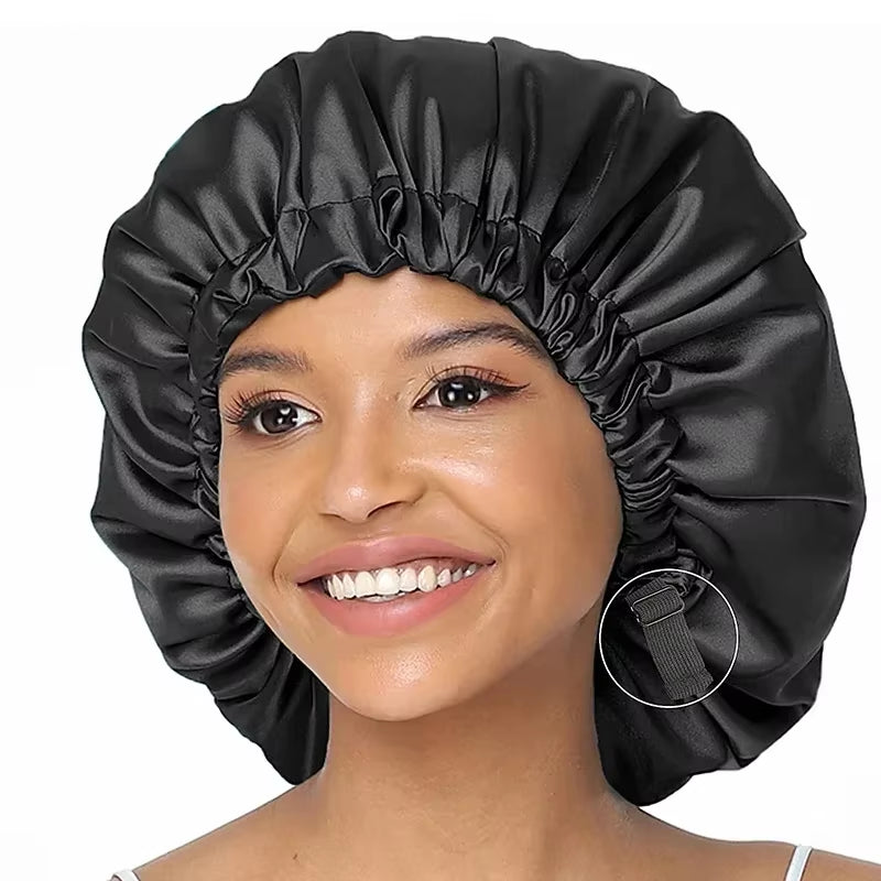 New Women Large Satin Bonnet Silky Night Sleeping Cap Adjusting Button Night Hat Beauty Salon Hair Care Hat Bathroom Products